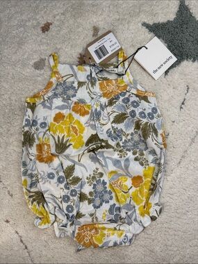 The New Society Floral Cotton Camisole Romper in Yellow & Gray